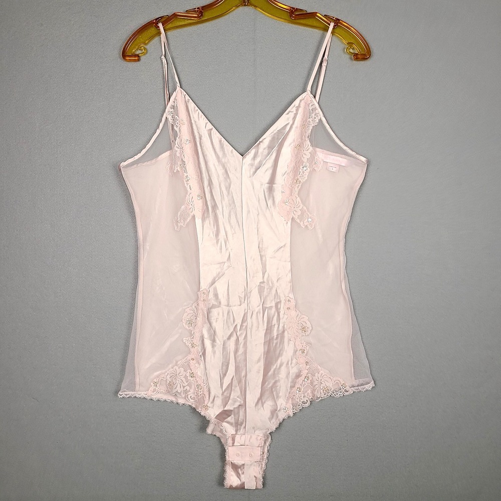 Vintage Y2K Victoria's Secret Lingerie Large Pink Satin Lace Bodysuit Button